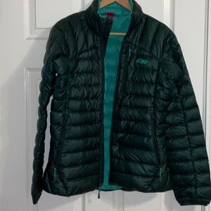 Outdoor Research Women's Down Green Jacket. Size small, including a down beanie.